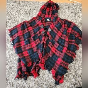 Red and Navy Plaid Hooded Ruana Shawl with Pockets